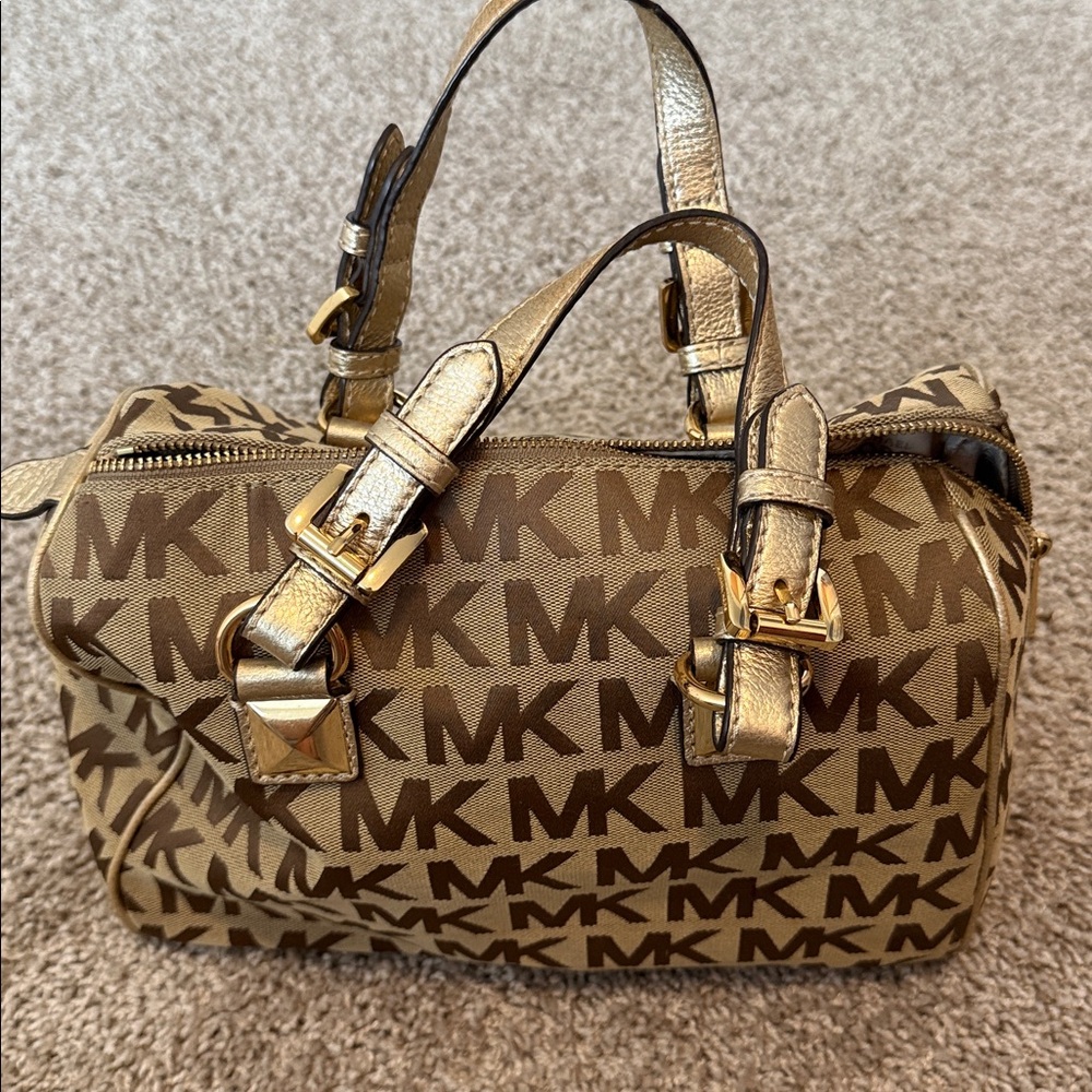 Michael Kors Tan and Gold Monogram Satchel